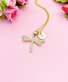 Gold Dragonfly Necklace with Cubic Zirconia and Initial Pendant, N6797
