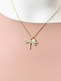Gold Dragonfly Necklace with Cubic Zirconia and Initial Pendant, N6797