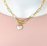 18K Gold Plated Heart Enamel Toggle Paperclip Chain Necklace, N7004