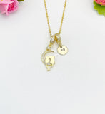 Couple Cat on Crescent Moon Cubic Zirconia Charm Gold Necklace, Dainty Personalized Gift, N7006