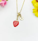 Strawberry Enamel Pendant Gold Necklace, Dainty Fruit Personalized Gift, N7011