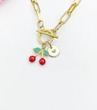 18K Gold Plated Cherry Enamel Charm Toggle Paperclip Chain Necklace, Personalized Gift, N7017