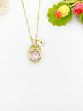 18K Gold Plated Pink Heart Crown Pendant Necklace, Cubic Zirconia Charm, Initial Necklace