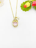 18K Gold Plated Pink Heart Crown Pendant Necklace, Cubic Zirconia Charm, Initial Necklace