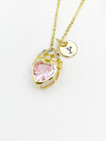 18K Gold Plated Pink Heart Crown Pendant Necklace, Cubic Zirconia Charm, Initial Necklace