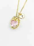 18K Gold Plated Pink Heart Crown Pendant Necklace, Cubic Zirconia Charm, Initial Necklace
