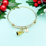 Gold Megaphone Charm Bracelet, Hand Stamped Initial Bangle, Cheerleader Gift