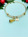 Gold Megaphone Charm Bracelet, Hand Stamped Initial Bangle, Cheerleader Gift