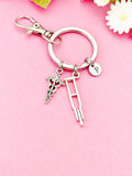 Silver Medical Keychain • Crutches Caduceus Charm • Orthopedic Healthcare Gift, N1980M