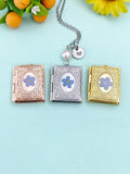 Miniature Book Locket Necklace with Forget Me Not Flower, Initial Charm, 18" Chain