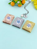 Miniature Book Locket Necklace with Forget Me Not Flower, Initial Charm, 18" Chain