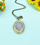 Forget Me Not Real Flower Oval Locket Bronze Necklace, Wedding Gift, N6934