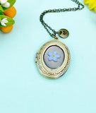 Forget Me Not Real Flower Oval Locket Bronze Necklace, Wedding Gift, N6934