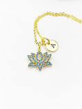 Gold Teal Lotus Charm Necklace,