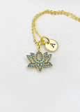 Gold Teal Lotus Charm Necklace,