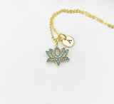 Gold Teal Lotus Charm Necklace,