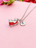 Silver-Tone Sleigh Charm Necklace with Hand Stamped Initial – Christmas Holiday Jewelry