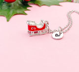Silver-Tone Sleigh Charm Necklace with Hand Stamped Initial – Christmas Holiday Jewelry