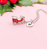 Silver-Tone Sleigh Charm Necklace with Hand Stamped Initial – Christmas Holiday Jewelry