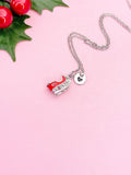 Silver-Tone Sleigh Charm Necklace with Hand Stamped Initial – Christmas Holiday Jewelry