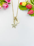 18K Gold Plated Starfish Necklace with Cubic Zirconia, Initial Charm, Ocean Beach Jewelry