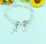 Silver Natural Quartz Cross and Initial Bracelets, N6951