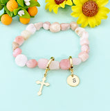 Natural Pink Opal Cross Bracelet with Personalized Initial Charm, Gemstone Jewelry, N6952
