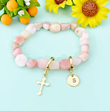 Natural Pink Opal Cross Bracelet with Personalized Initial Charm, Gemstone Jewelry, N6952