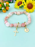 Natural Pink Opal Cross Bracelet with Personalized Initial Charm, Gemstone Jewelry, N6952
