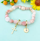 Natural Pink Opal Cross Bracelet with Personalized Initial Charm, Gemstone Jewelry, N6952