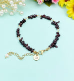 Gold Natural Garnet Bracelet with Pearl and Personalized Initial Charm, Gemstone Jewelry, N6955