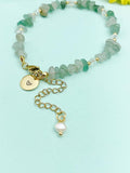 Gold Natural Green Aventurine Bracelet with Pearl and Personalized Initial Charm, Gemstone Jewelry, N6956