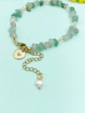 Gold Natural Green Aventurine Bracelet with Pearl and Personalized Initial Charm, Gemstone Jewelry, N6956