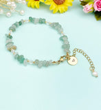 Gold Natural Green Aventurine Bracelet with Pearl and Personalized Initial Charm, Gemstone Jewelry, N6956