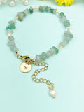 Gold Natural Green Aventurine Bracelet with Pearl and Personalized Initial Charm, Gemstone Jewelry, N6956