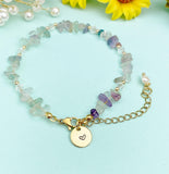 Gold Natural Fluorite Bracelet with Pearl and Personalized Initial Charm, Gemstone Jewelry, N6958