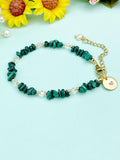 Gold Natural Malachite Bracelet with Pearl and Personalized Initial Charm, Gemstone Jewelry, N6959