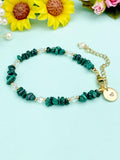 Gold Natural Malachite Bracelet with Pearl and Personalized Initial Charm, Gemstone Jewelry, N6959