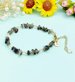 Gold Natural Obsidian Bracelet with Pearl and Personalized Initial Charm, Gemstone Jewelry, N6960
