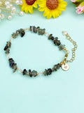 Gold Natural Obsidian Bracelet with Pearl and Personalized Initial Charm, Gemstone Jewelry, N6960