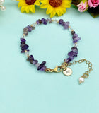 Gold Natural Amethyst Bracelet with Pearl and Personalized Initial Charm, Gemstone Jewelry, N6961