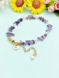 Gold Natural Amethyst Bracelet with Pearl and Personalized Initial Charm, Gemstone Jewelry, N6961