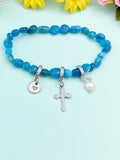 Silver Apatite Stretch Bracelet with Pearl Cross and Personalized Initial Charm, Gemstone Jewelry, N6962