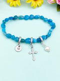 Silver Apatite Stretch Bracelet with Pearl Cross and Personalized Initial Charm, Gemstone Jewelry, N6962