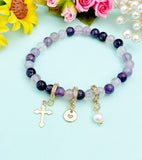 Gold Fluorite Stretch Bracelet with Pearl Cross and Personalized Initial Charm, Gemstone Jewelry, N6963