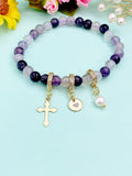 Gold Fluorite Stretch Bracelet with Pearl Cross and Personalized Initial Charm, Gemstone Jewelry, N6963