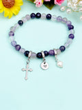 Silver Fluorite Stretch Bracelet with Pearl Cross and Personalized Initial Charm, Gemstone Jewelry, N6963S
