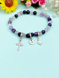 Silver Fluorite Stretch Bracelet with Pearl Cross and Personalized Initial Charm, Gemstone Jewelry, N6963S