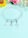 Natural Quartz Stretch Bracelet with Pearl Cross Charm, Personalized Initial Jewelry