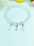 Natural Quartz Stretch Bracelet with Pearl Cross Charm, Personalized Initial Jewelry